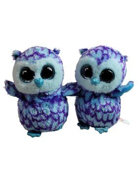 Ty Beanie Boos Oscar Owl Plush x2 Blue Purple 6.5" Glitter Eyes Feet 2016 READ